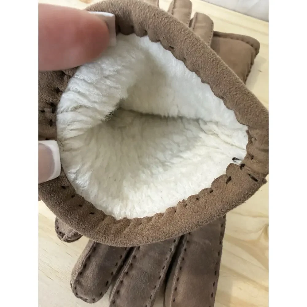 Gloves Women Medium Brown Goat Suede Leather Faux Shearling Lining Winter Warm